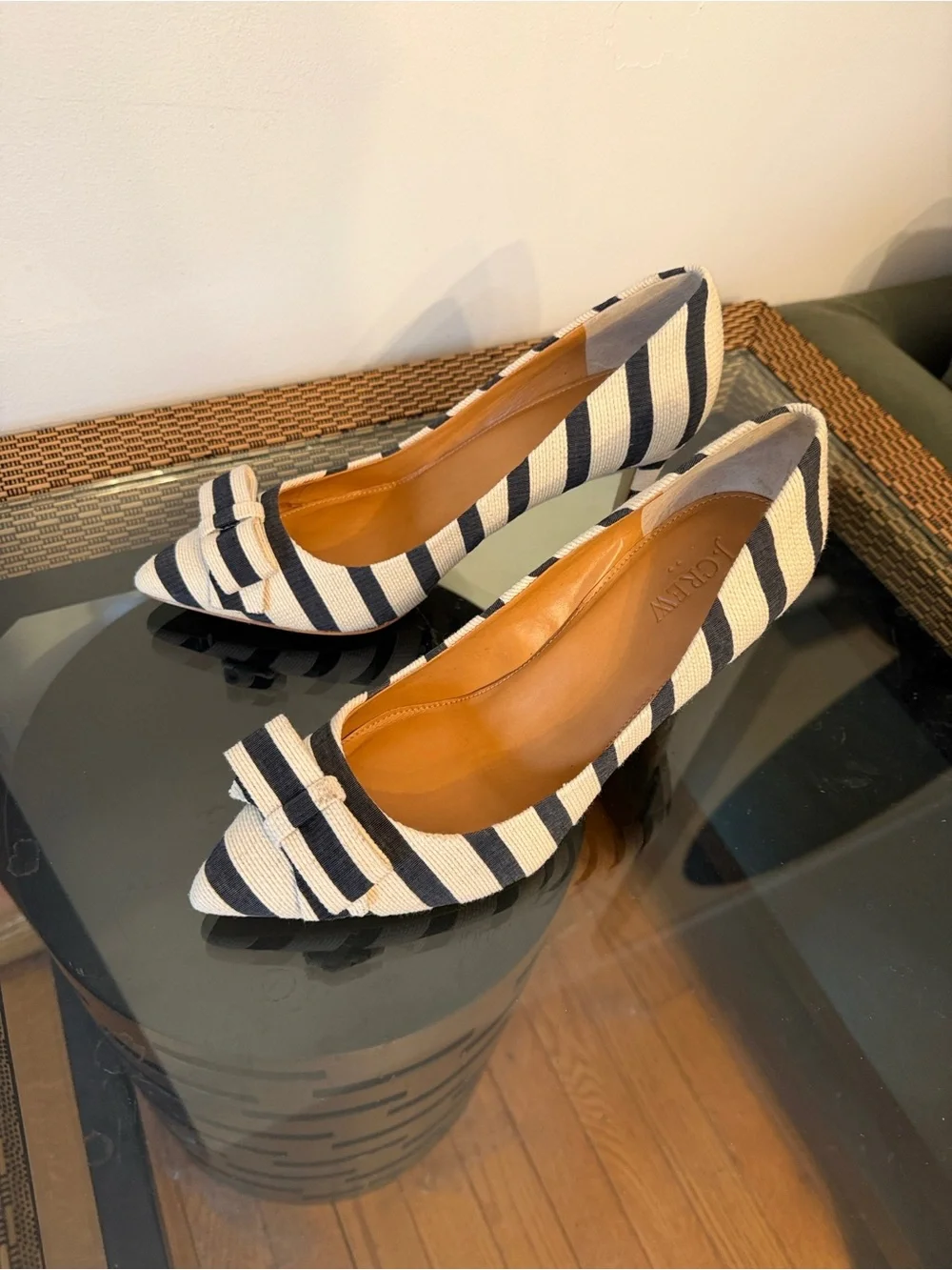 J. Crew Navy and Cream Striped Pointed-Toe Bow Heels